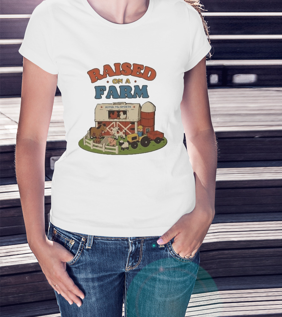 Raised On A Farm Super 70s Sports Vintage Barnyard Scene With Tractor And Animals T-Shirt