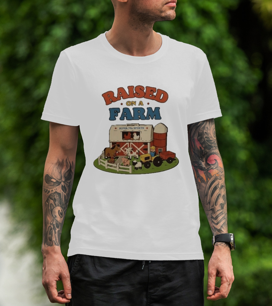 Raised On A Farm Super 70s Sports Vintage Barnyard Scene With Tractor And Animals T-Shirt