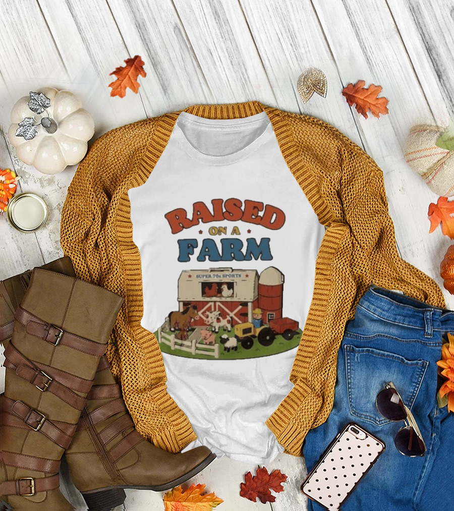 Raised on a Farm Super 70s Sports Vintage Barnyard Scene with Tractor and Animals T-Shirt