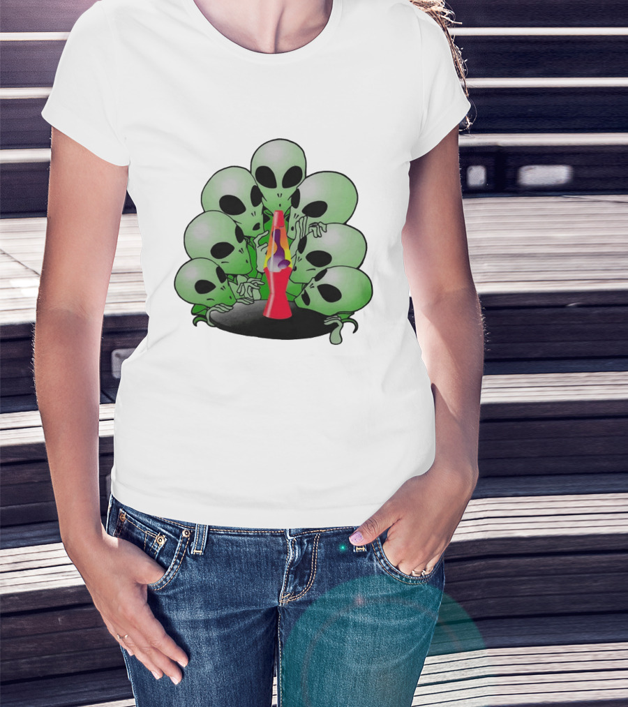 Aliens Gathering Around Colorful Lava Lamp T-Shirt