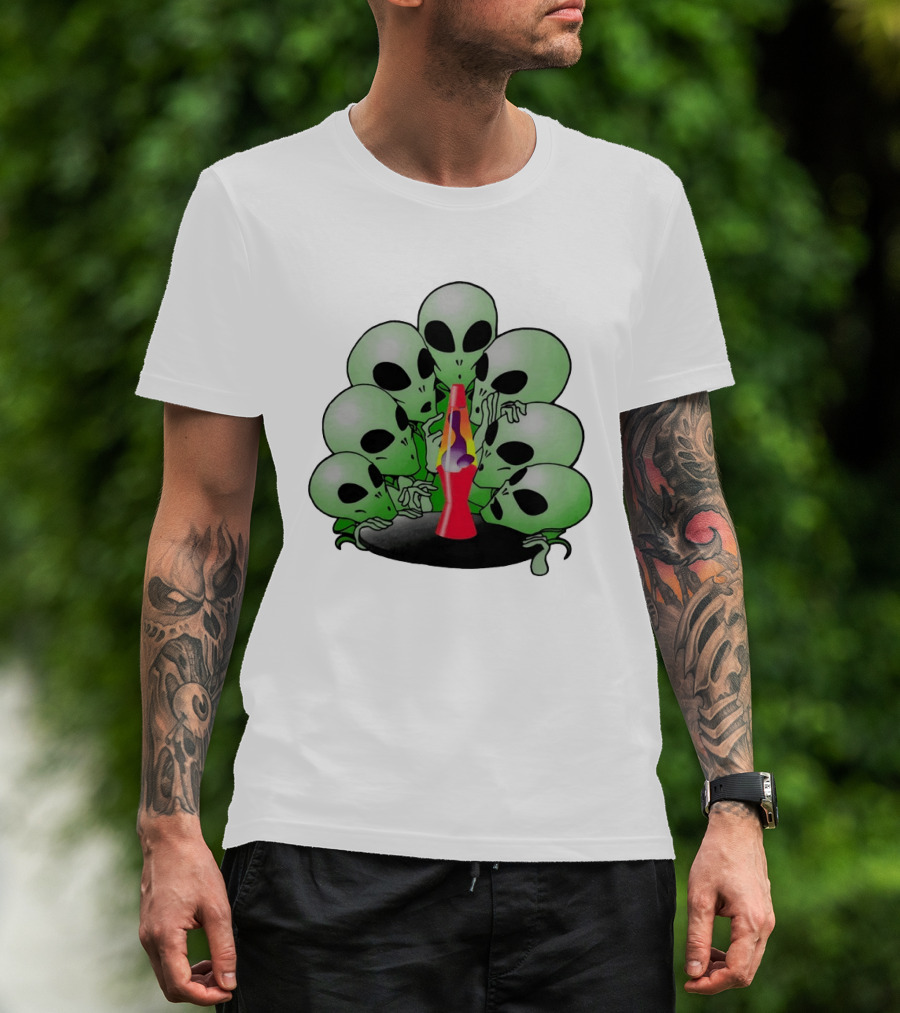Aliens Gathering Around Colorful Lava Lamp T-Shirt