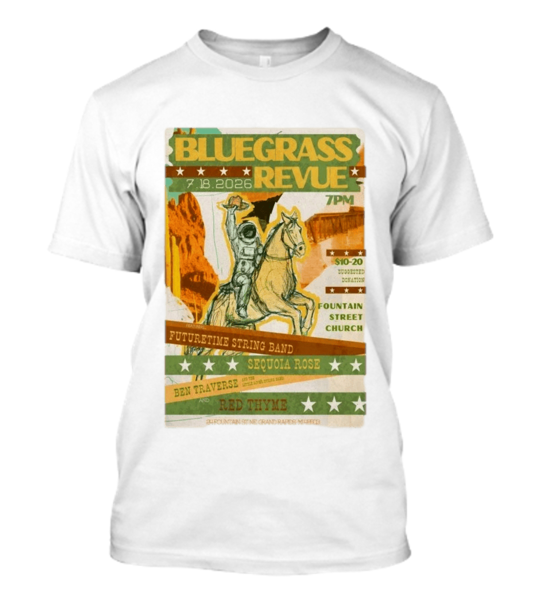 Bluegrass Revue Grand Rapids MI July 18 2026 Futuretime String Band Sequoia Rose Red Thyme T-Shirt