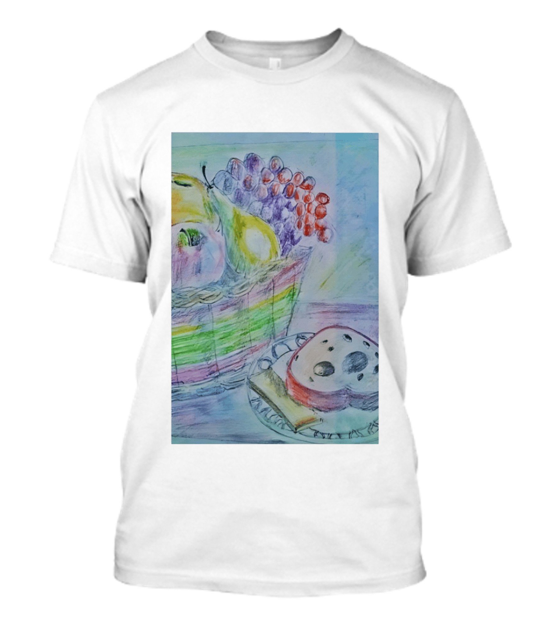 Fruit Basket Bagel Still Life Drawing Pears Apples Grapes Bread T-Shirt