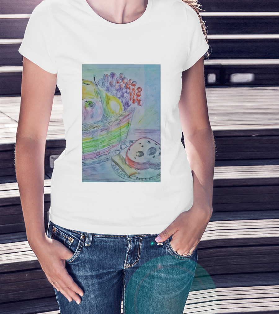 Fruit Basket Bagel Still Life Drawing Pears Apples Grapes Bread T-Shirt