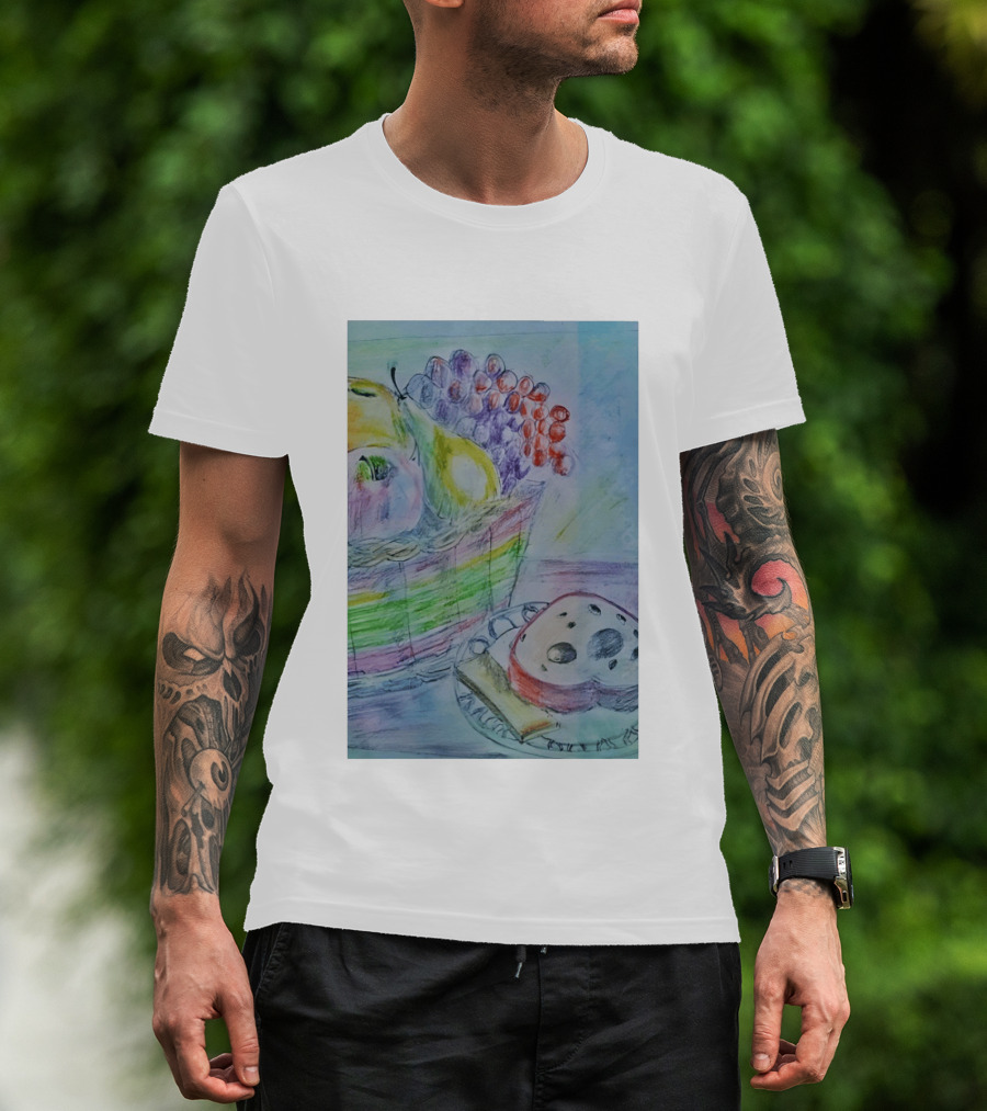 Fruit Basket Bagel Still Life Drawing Pears Apples Grapes Bread T-Shirt
