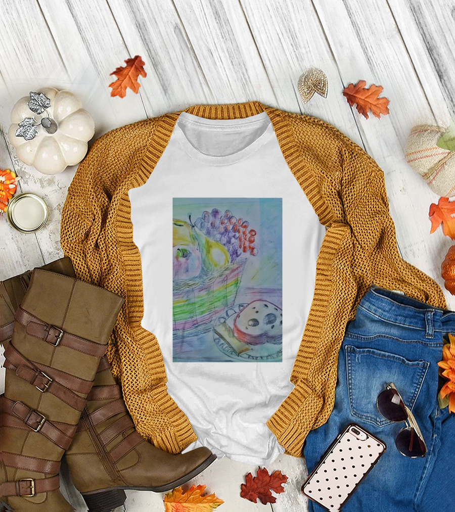 Fruit Basket Bagel Still Life Drawing Pears Apples Grapes Bread T-Shirt