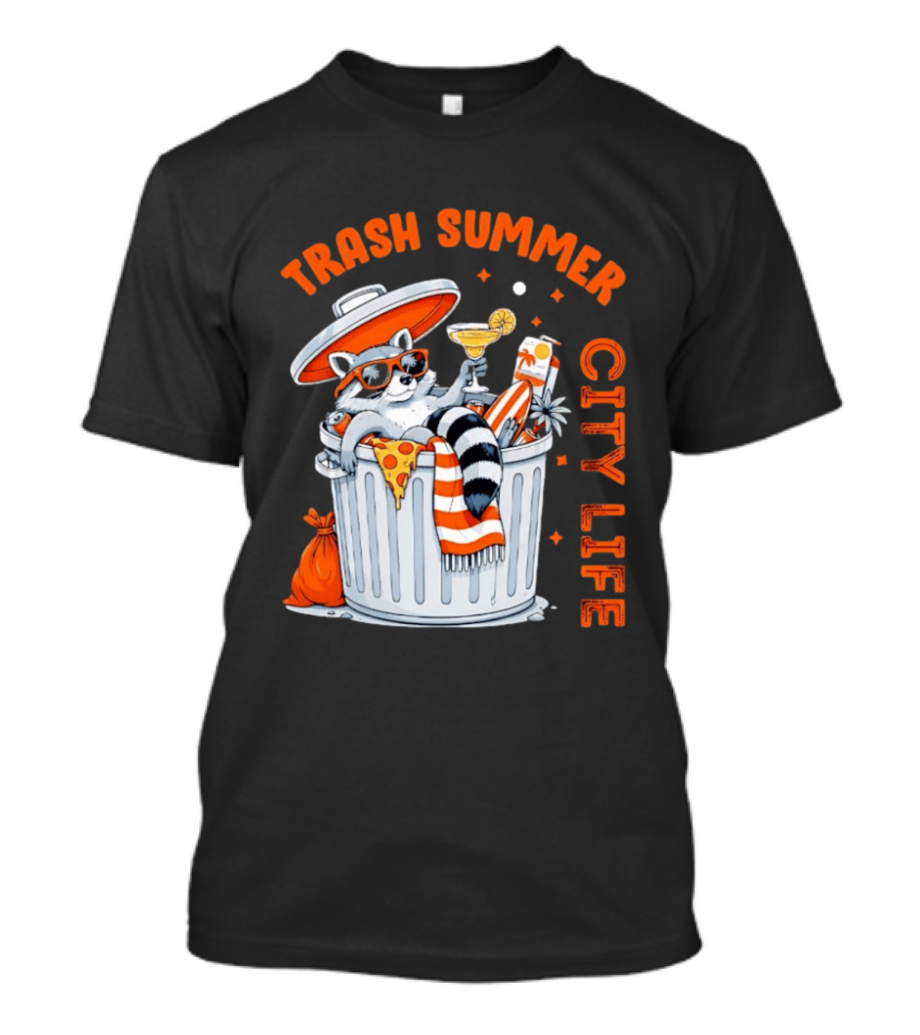 Trash Summer City Life Raccoon Enjoying Urban Vibes With Pizza And Martini T-Shirt