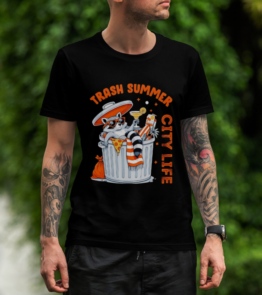 Trash Summer City Life Raccoon Enjoying Urban Vibes With Pizza And Martini T-Shirt