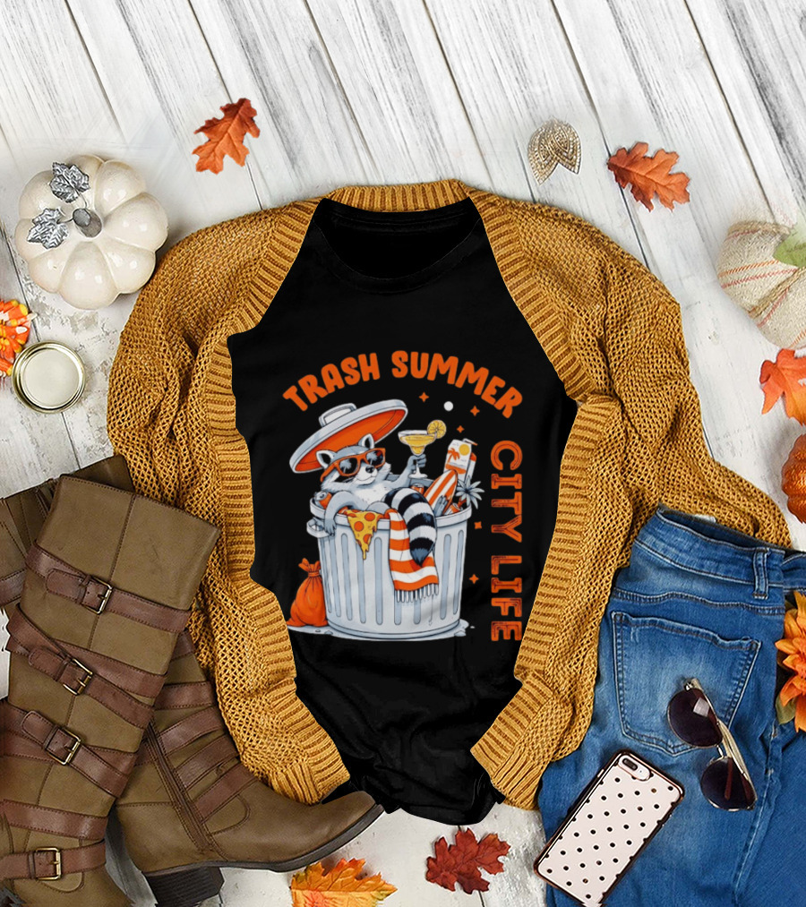 Trash Summer City Life Raccoon Enjoying Urban Vibes with Pizza and Martini T-Shirt