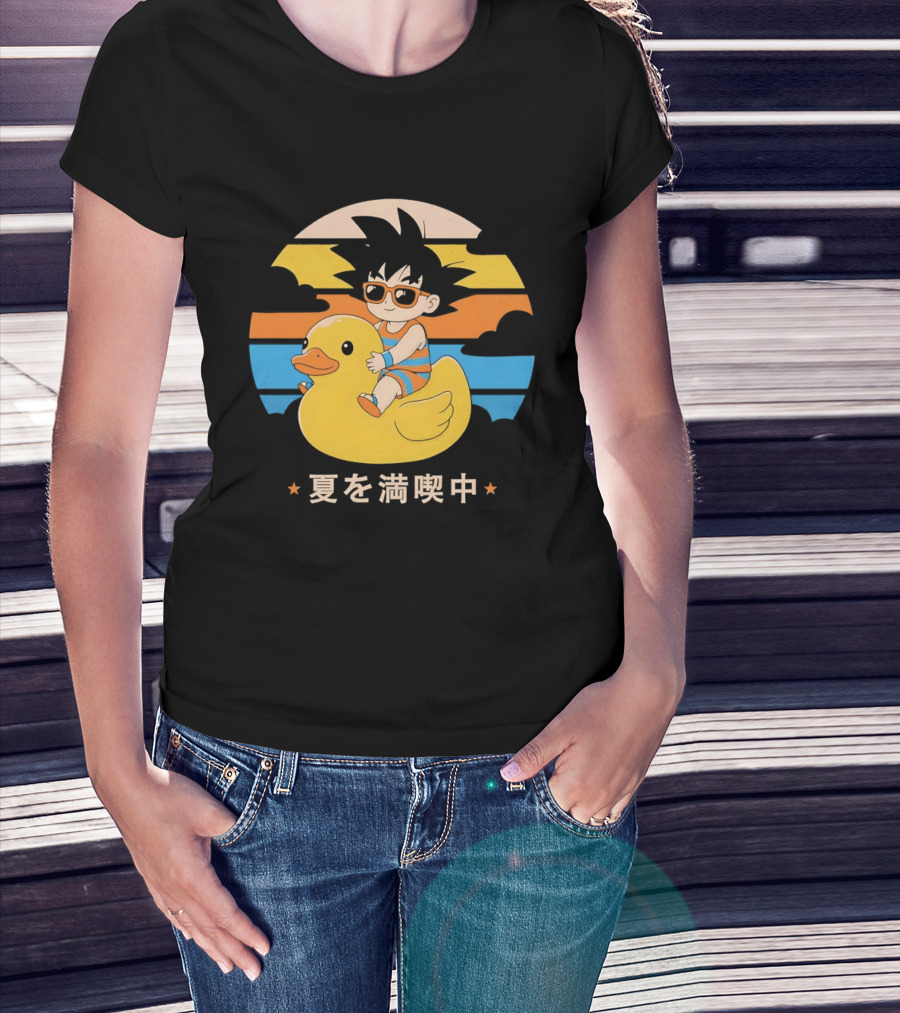 Young Goku Riding Rubber Duck At Sunset Enjoying Summer T-Shirt