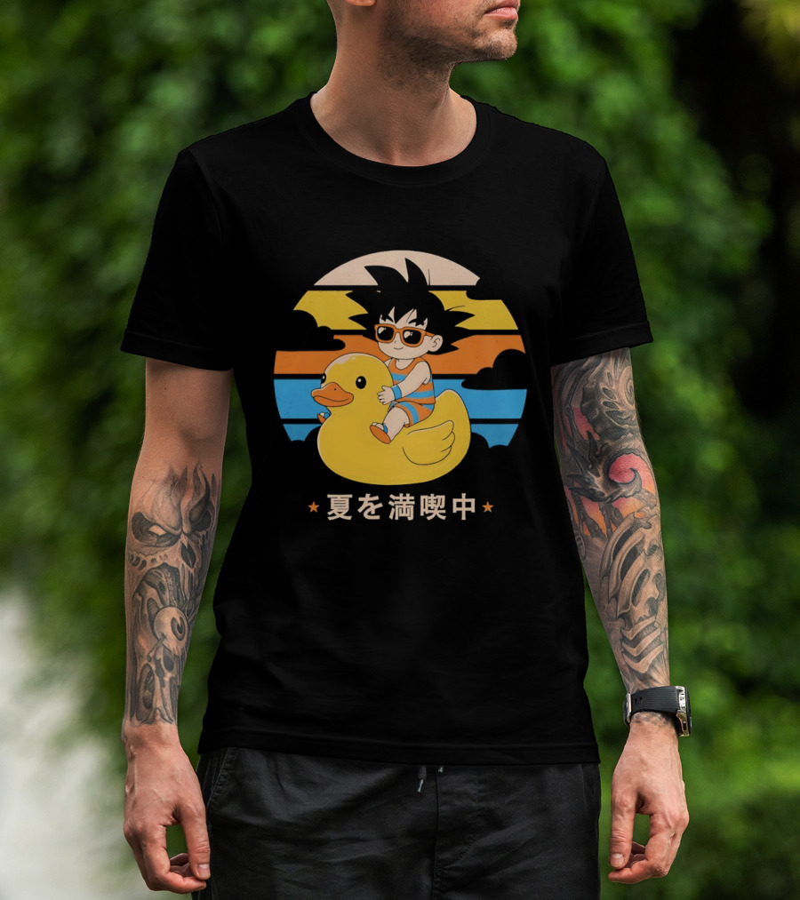 Young Goku Riding Rubber Duck At Sunset Enjoying Summer T-Shirt