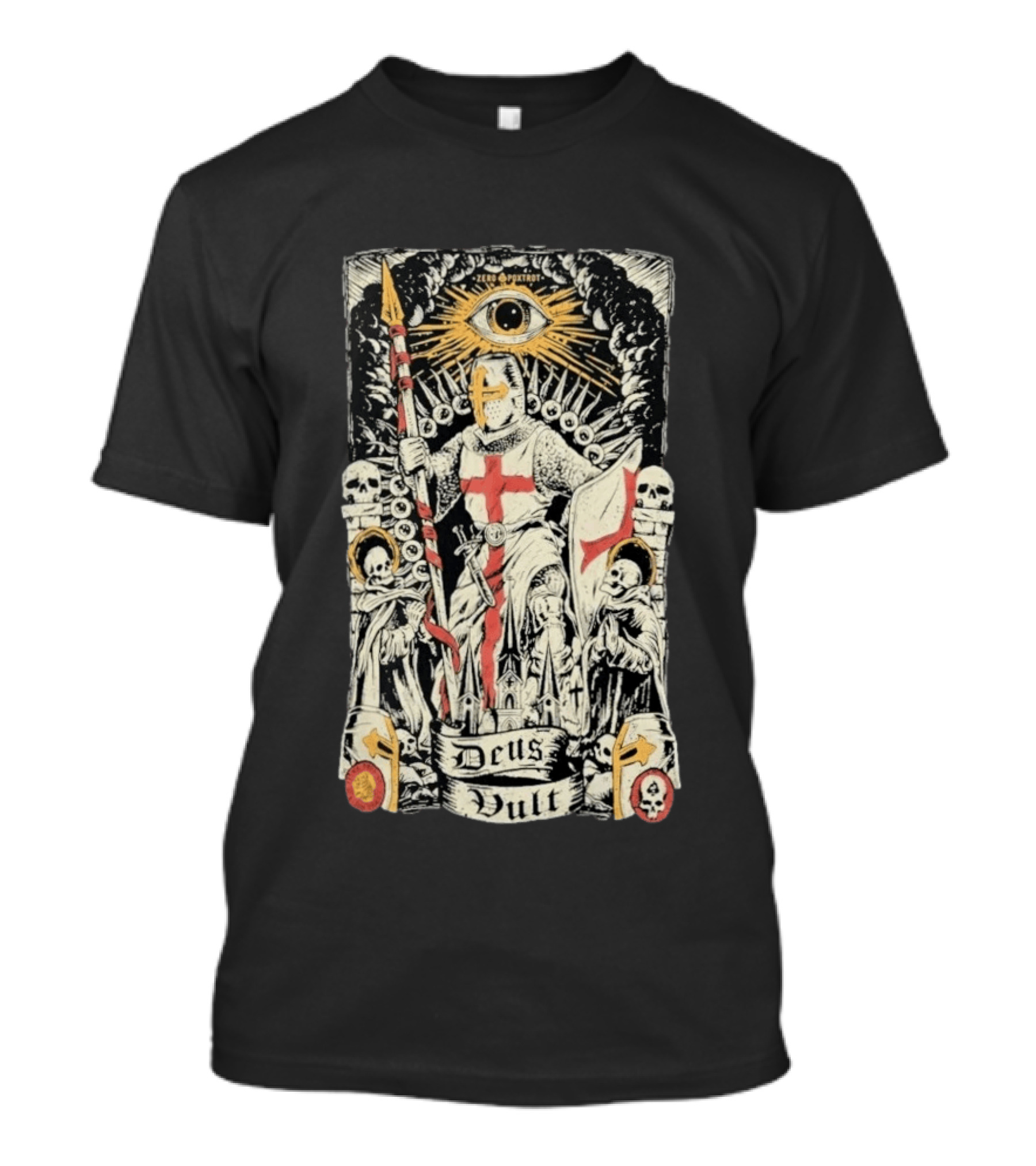Zero Foxtrot Deus Vult Knight Templar Crusader With Eye Of Providence And Skulls T-Shirt