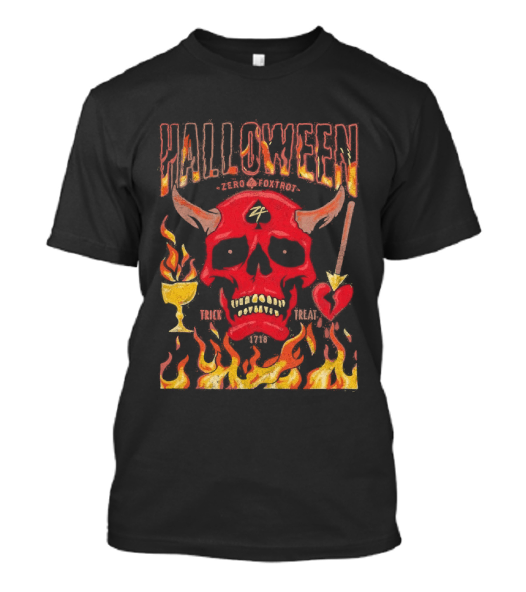 Zero Foxtrot Halloween No Quarter Flaming Demon Skull T-Shirt
