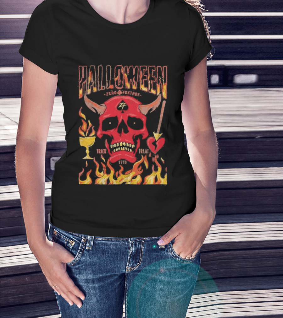 Zero Foxtrot Halloween No Quarter Flaming Demon Skull T-Shirt