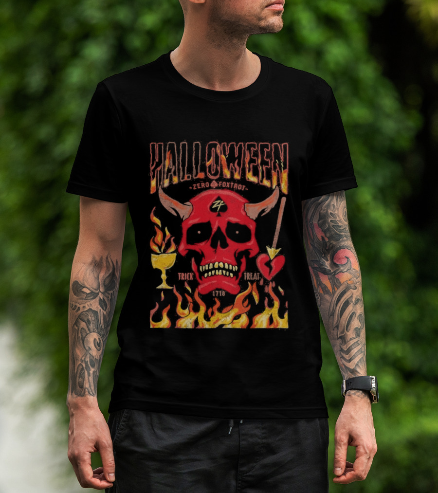 Zero Foxtrot Halloween No Quarter Flaming Demon Skull T-Shirt