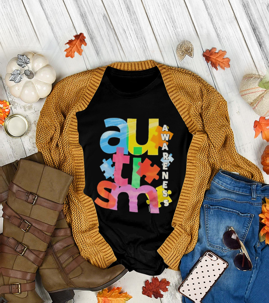 Autism Awareness Puzzle Colorful Letters and Pieces T-Shirt