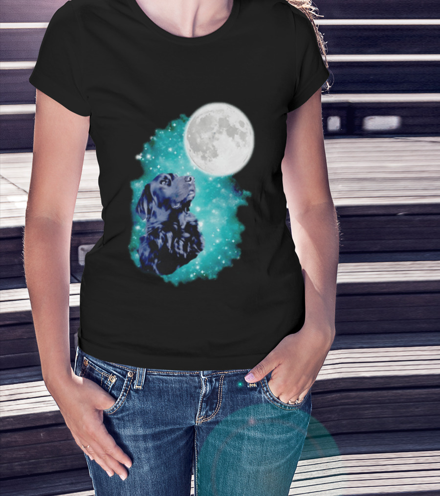 Black Dog Under Moon In Galaxy Space T-Shirt