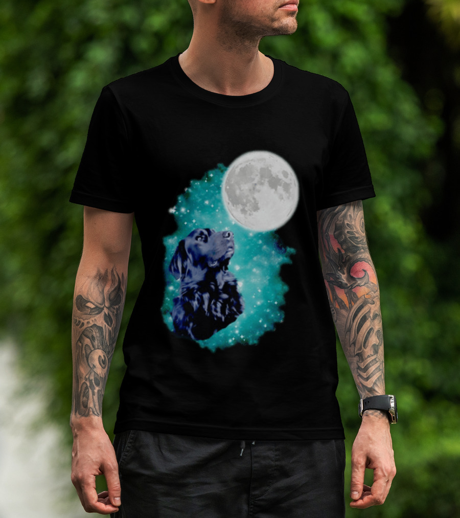Black Dog Under Moon In Galaxy Space T-Shirt