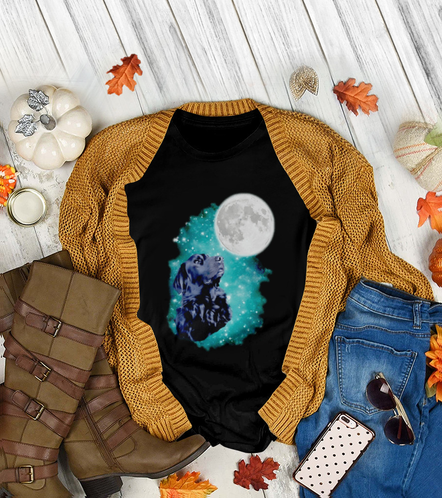 Black Dog Under Moon in Galaxy Space T-Shirt