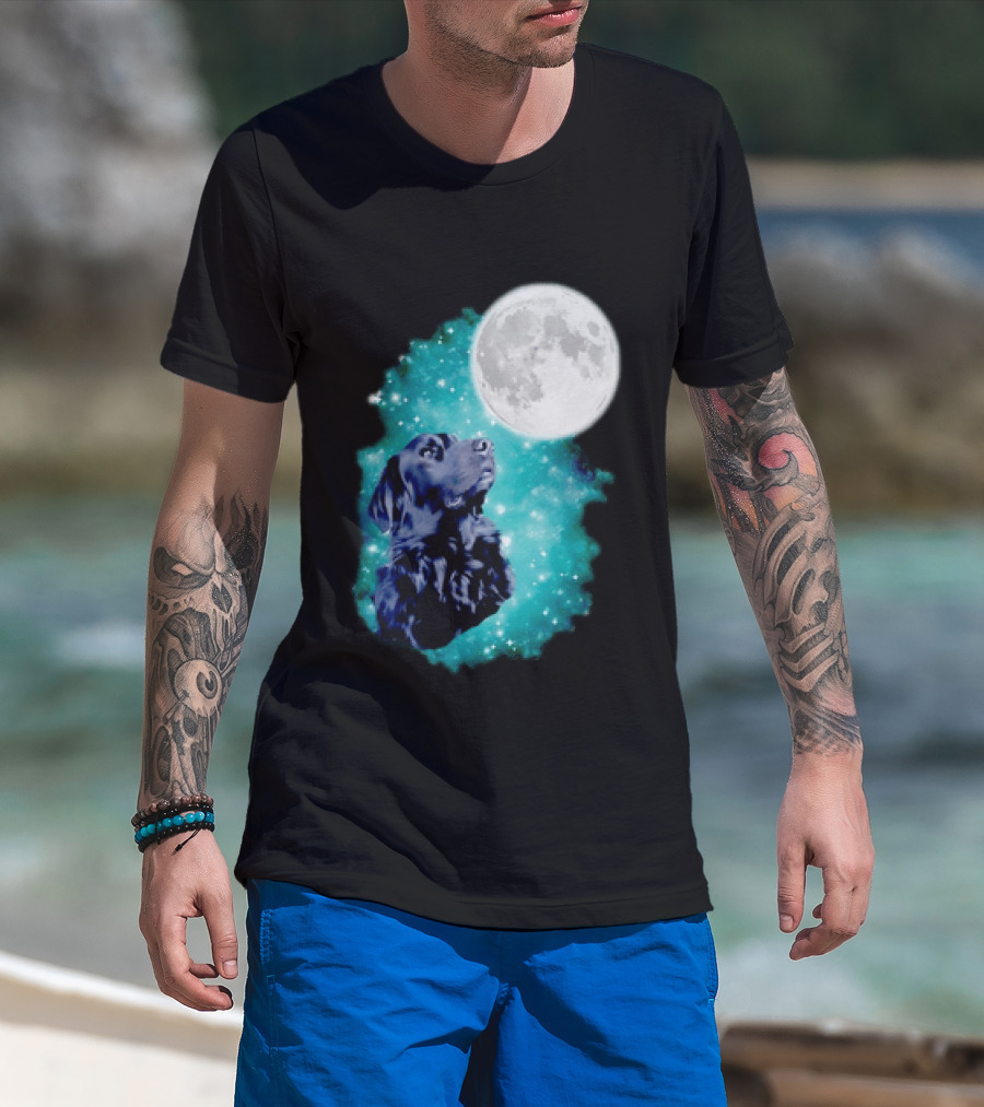 Black Dog Under Moon In Galaxy Space T-Shirt