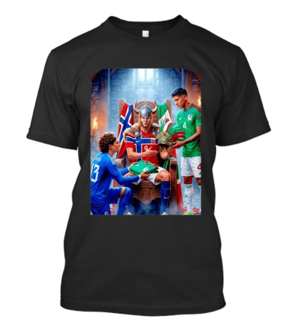 Guillermo Ochoa And Johan Vasquez Offering Mexico Jersey To Viking Erling Haaland With Norway Flag In Throne Room T-Shirt