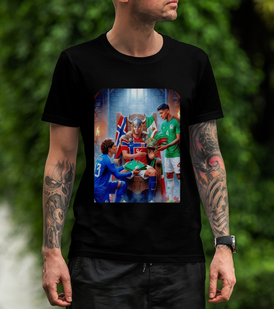 Guillermo Ochoa And Johan Vasquez Offering Mexico Jersey To Viking Erling Haaland With Norway Flag In Throne Room T-Shirt
