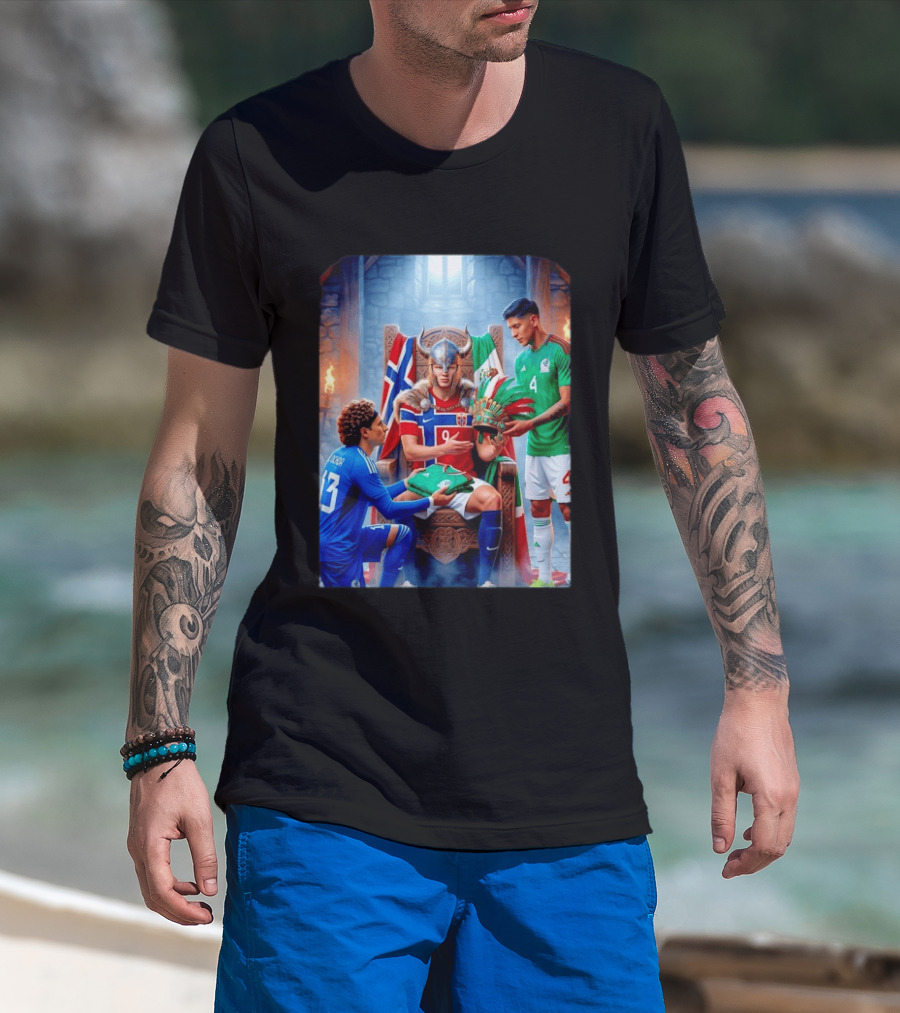 Guillermo Ochoa And Johan Vasquez Offering Mexico Jersey To Viking Erling Haaland With Norway Flag In Throne Room T-Shirt