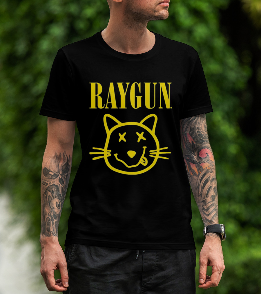 Raygun Smiley Cat Face Neon Yellow Quirky Expression T-Shirt