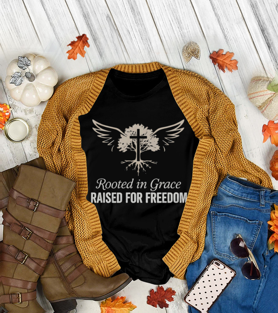 Rooted in Grace Raised for Freedom Cross Tree Wings Christian Faith T-Shirt