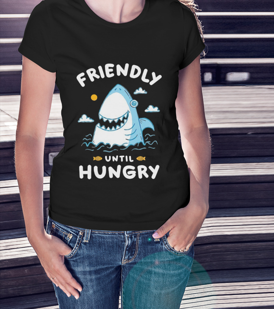 Friendly Shark Grinning Until Hungry Cloudy Ocean Scene T-Shirt