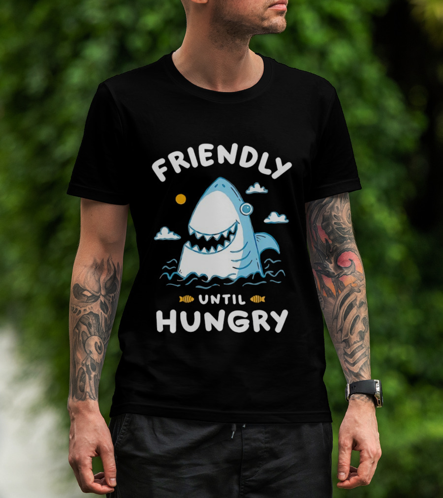 Friendly Shark Grinning Until Hungry Cloudy Ocean Scene T-Shirt