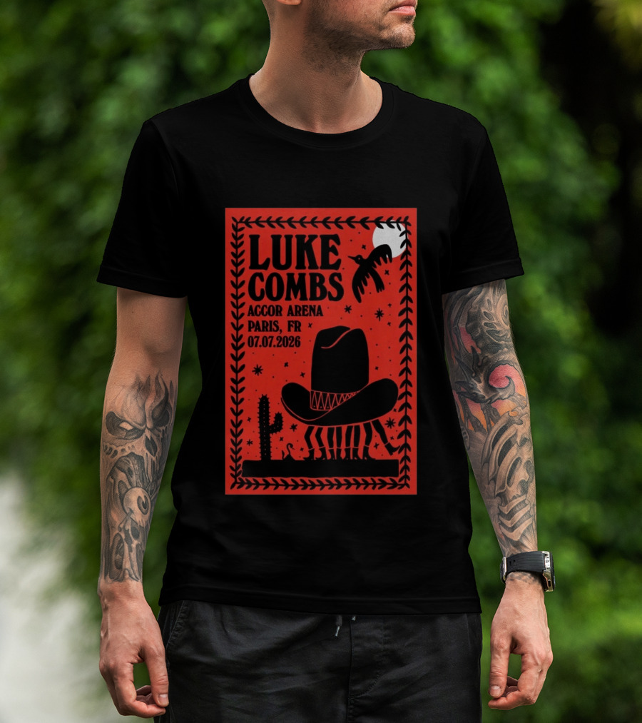 Luke Combs Accor Arena Paris FR 07.07.2026 Cowboy Hat Cactus Moon Desert Scene T-Shirt