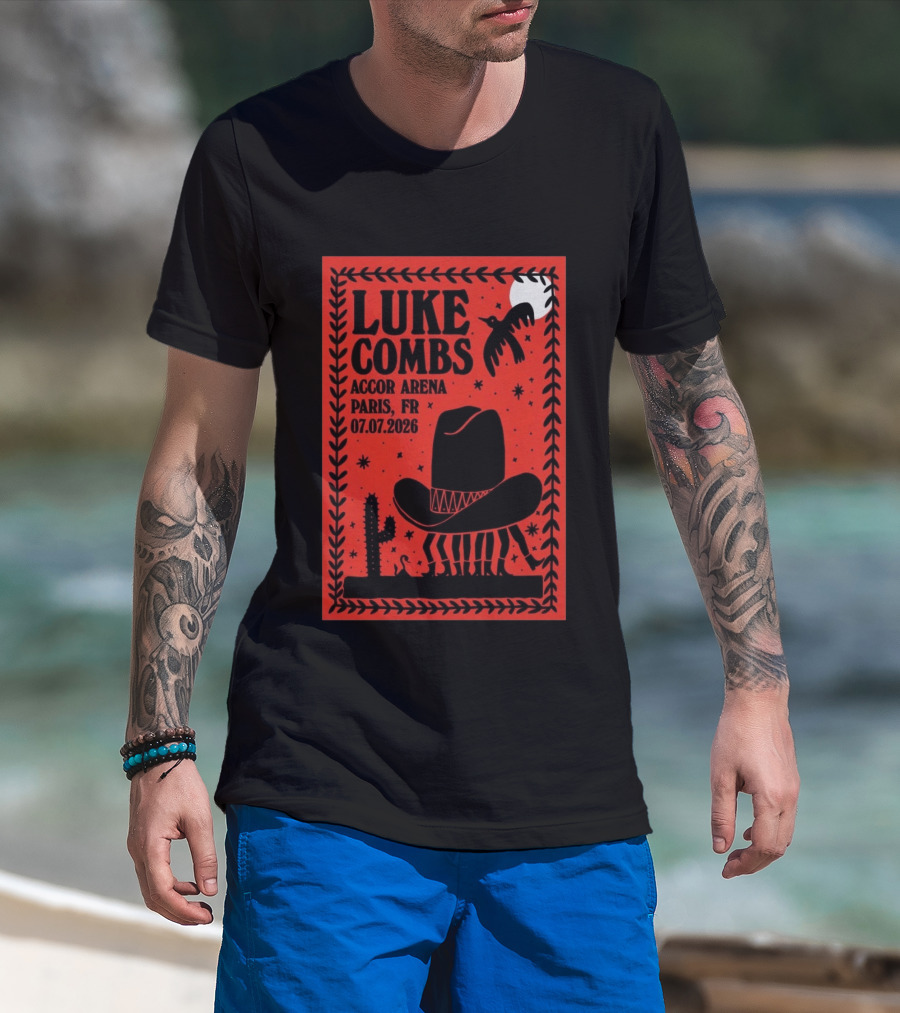 Luke Combs Accor Arena Paris FR 07.07.2026 Cowboy Hat Cactus Moon Desert Scene T-Shirt