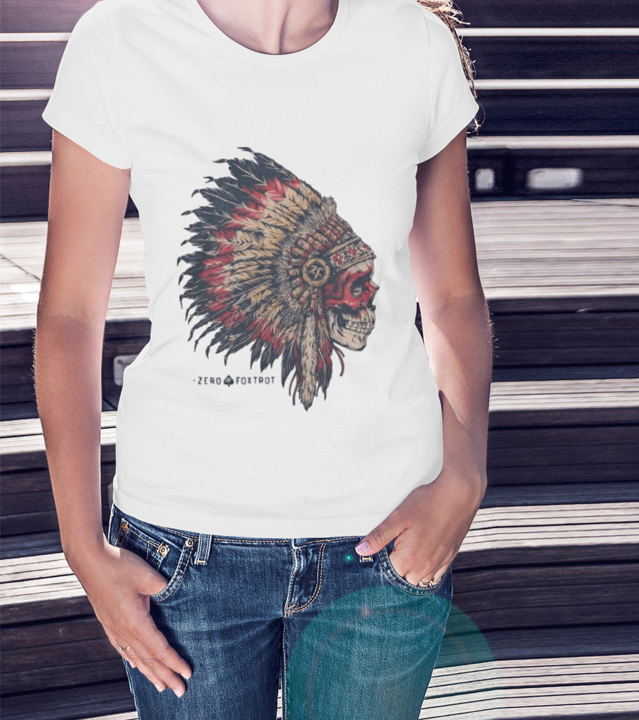 Zero Foxtrot Skull In Feathered Headdress T-Shirt