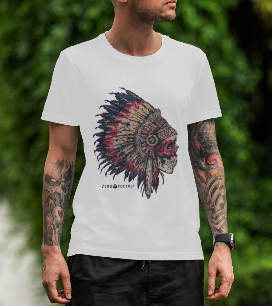 Zero Foxtrot Skull In Feathered Headdress T-Shirt