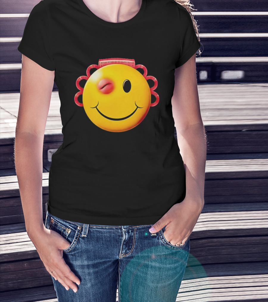 Winking Smiley Face Emoji With Hair Rollers T-Shirt