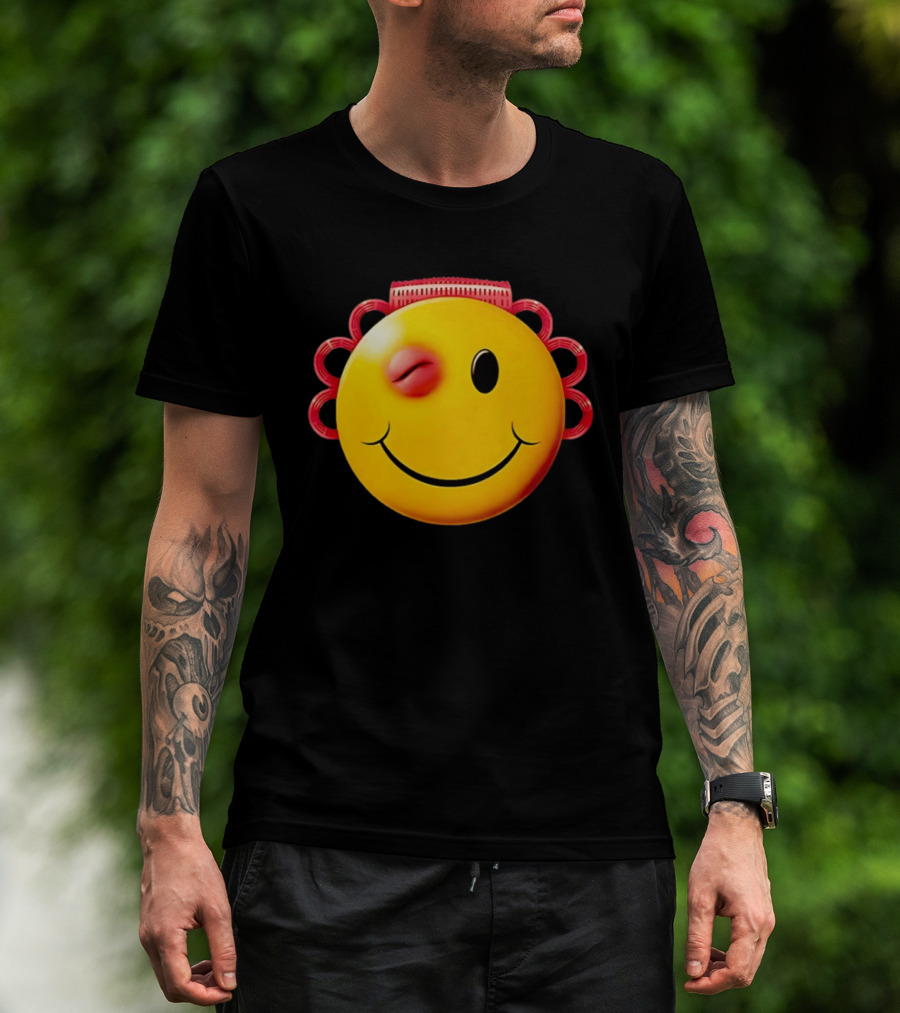 Winking Smiley Face Emoji With Hair Rollers T-Shirt