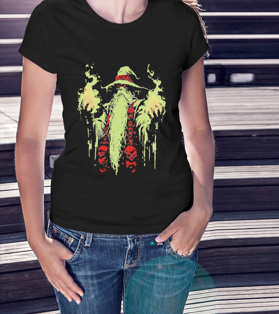 Necromancer Wizard With Glowing Green Fire And Red Skulls T-Shirt