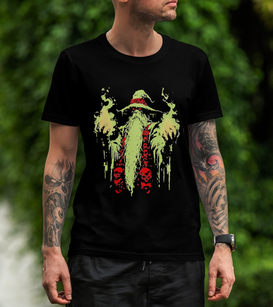 Necromancer Wizard With Glowing Green Fire And Red Skulls T-Shirt