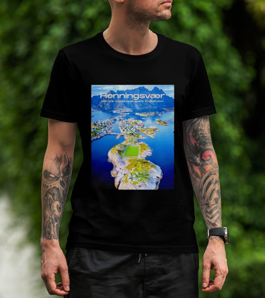 Henningsvaer With The World's Most Scenic Football Pitch Aerial View T-Shirt