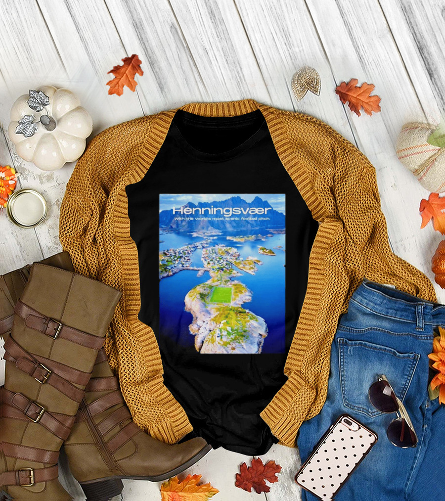 Henningsvaer With the World's Most Scenic Football Pitch Aerial View T-Shirt