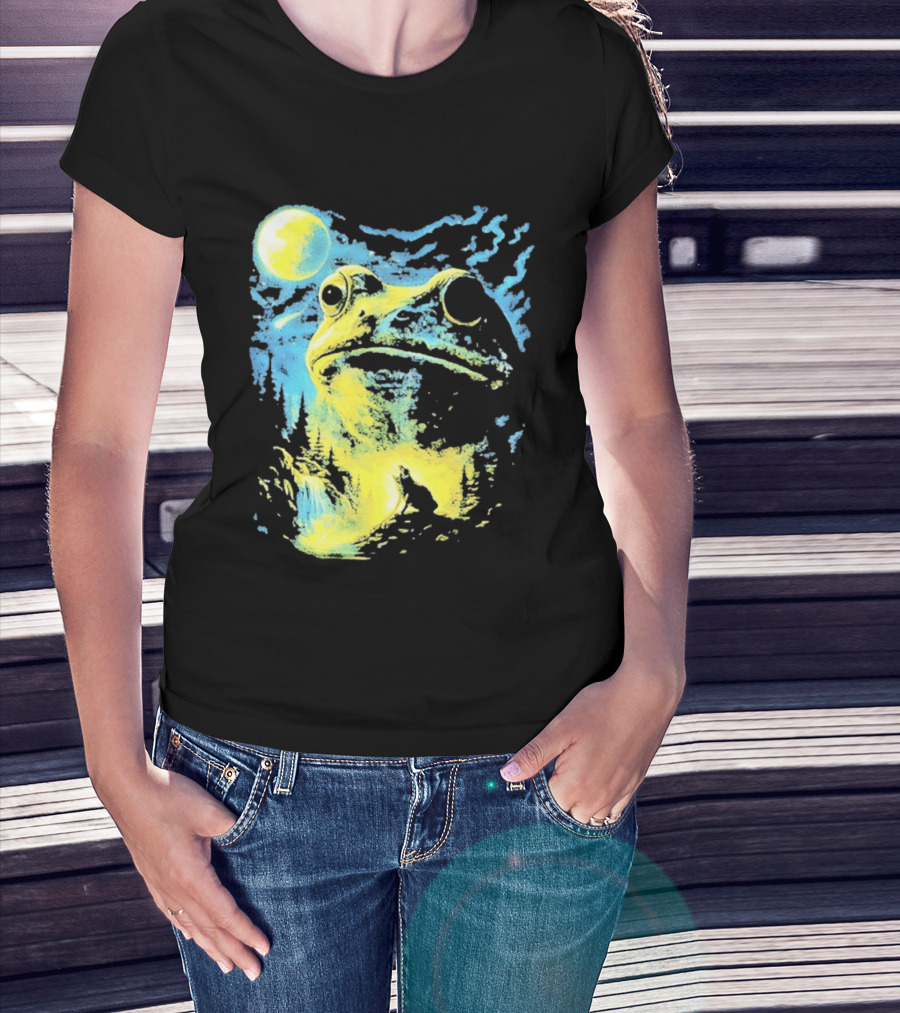 Howling Wolf Frog Moon Night Scene Surreal Fantasy T-Shirt