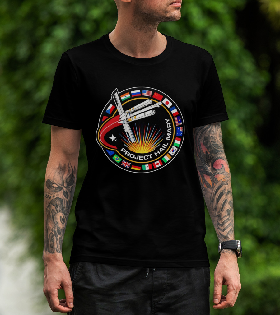 Project Hail Mary Mission Patch With International Flags And Spacecraft T-Shirt