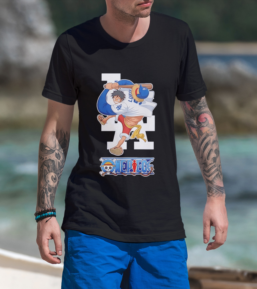 Luffy One Piece LA Baseball Crossover Dodgers T-Shirt