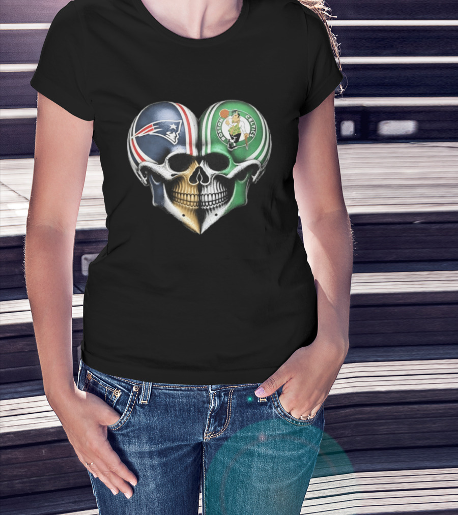 Boston Celtics And New England Patriots Skull Heart T-Shirt