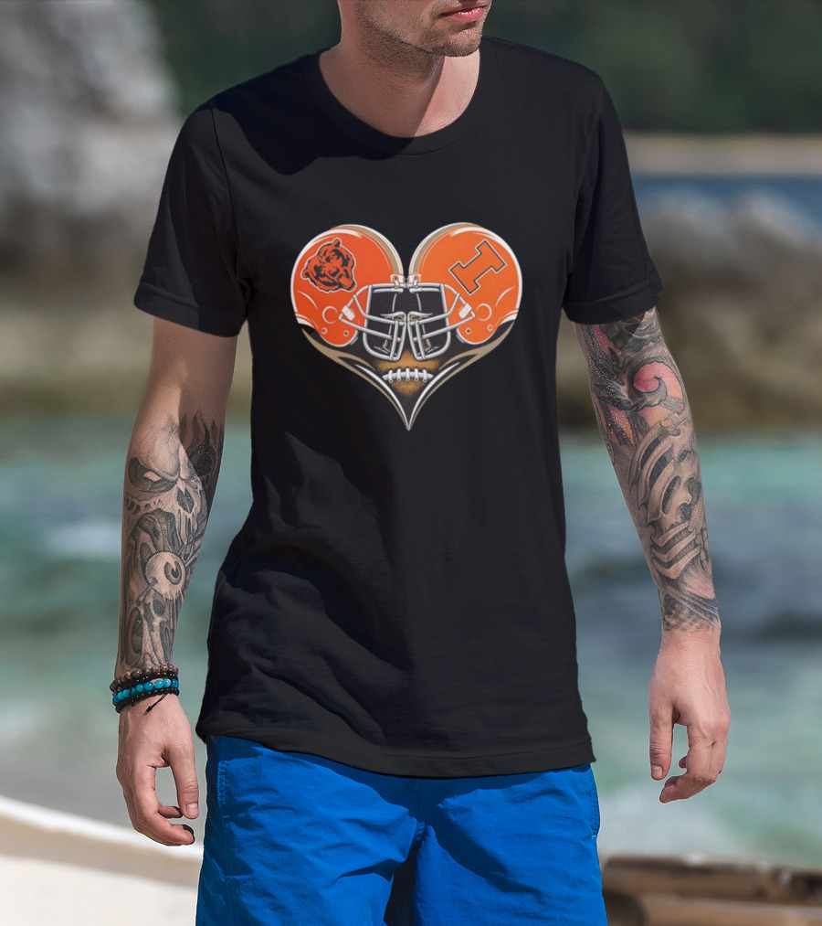 Chicago Bears And Illinois Fighting Illini Helmet Heart T-Shirt
