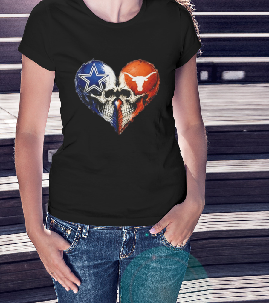 Dallas Cowboys And Texas Longhorns Skulls Heart T-Shirt