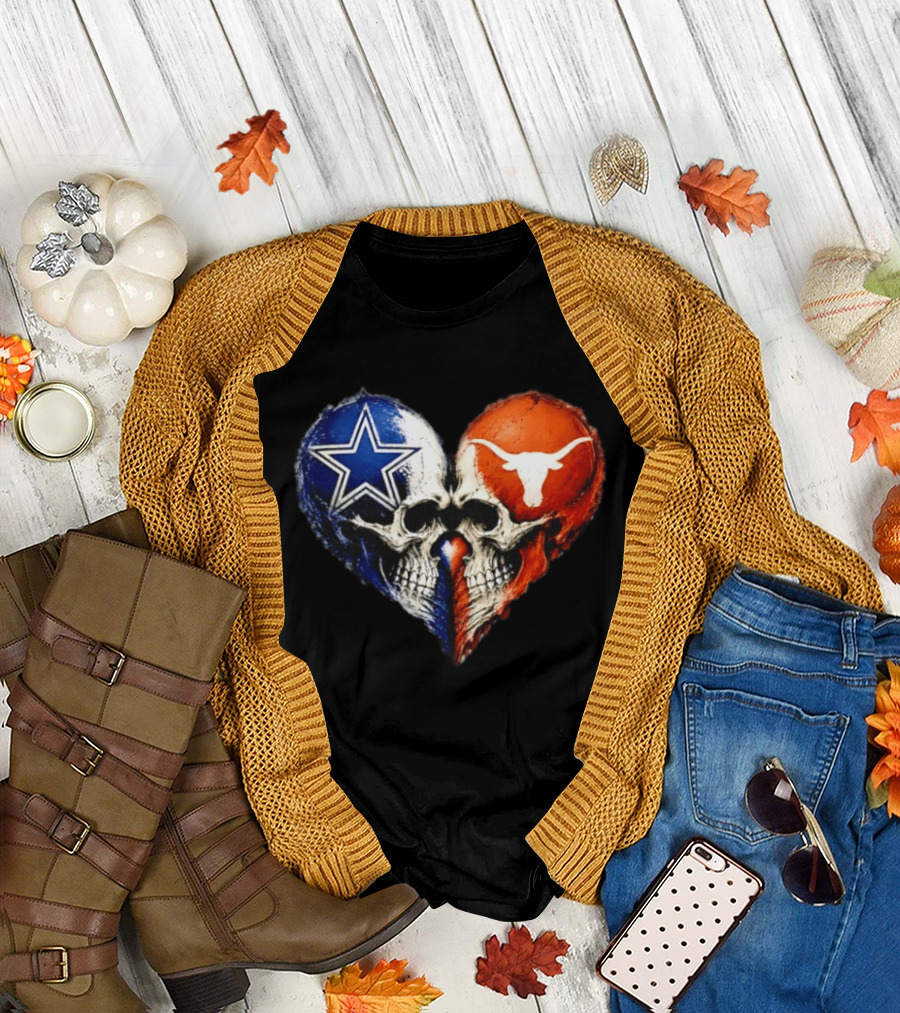 Dallas Cowboys and Texas Longhorns Skulls Heart T-Shirt