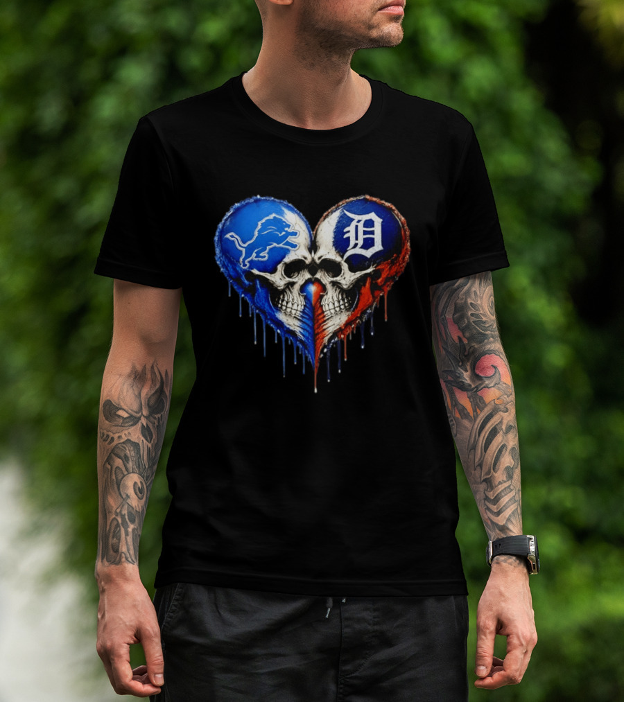 Detroit Lions And Detroit Tigers Skull Heart T-Shirt