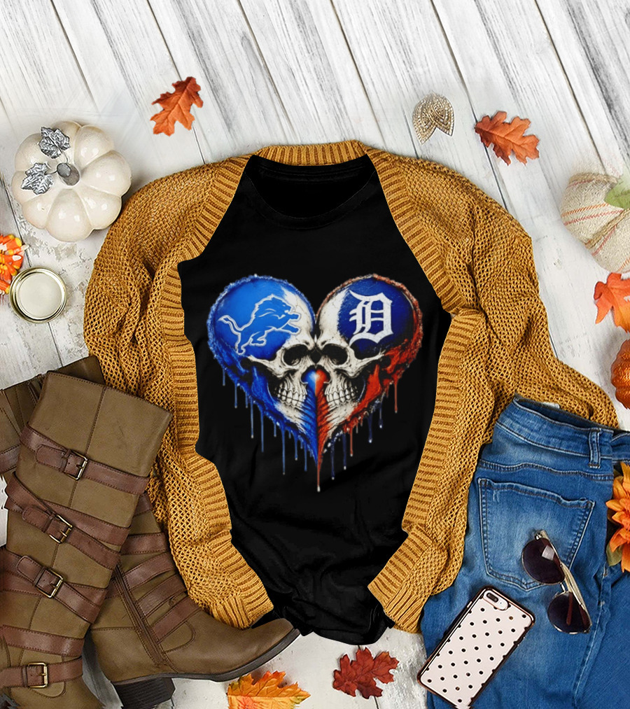 Detroit Lions and Detroit Tigers Skull Heart T-Shirt